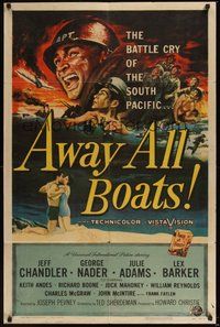 6p089 AWAY ALL BOATS 1sh '56 Jeff Chandler, Reynold Brown art, battle cry of the South Pacific!