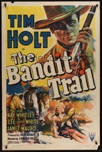 6p094 BANDIT TRAIL style A 1sh '41 cool close up art of Tim Holt with rifle + helping pretty girl!