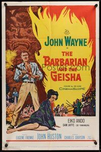 6p099 BARBARIAN & THE GEISHA 1sh '58 John Huston, art of John Wayne with torch & Eiko Ando!