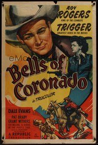 6p113 BELLS OF CORONADO 1sh '50 great artwork of Roy Rogers & Trigger, Dale Evans!