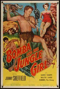 6p157 BOMBA & THE JUNGLE GIRL 1sh '53 great c/u of Johnny Sheffield with spear & sexy Karen Sharpe!