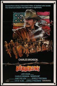 6p158 BORDERLINE 1sh '80 art of U.S. Border Patrol agent Charles Bronson by Drew Struzan!