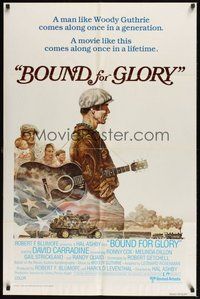 6p160 BOUND FOR GLORY int'l 1sh '76 David Carradine as folk singer Woody Guthrie, Tom Jung art!