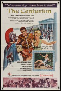 6p209 CENTURION 1sh '62 cool art of gladiator John Drew Barrymore, sexy Genevieve Grad!