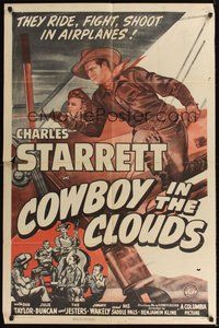 6p253 COWBOY IN THE CLOUDS 1sh '43 cowboy Charles Starrett riding & shooting on airplane!