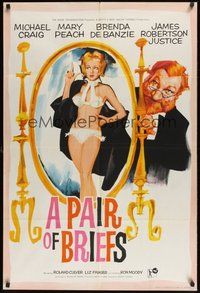 6p667 PAIR OF BRIEFS English 1sh '62 James Robertson Justice, art of sexy Mary Peach in mirror!