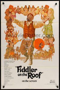 6p347 FIDDLER ON THE ROOF 1sh '71 cool artwork of Topol & cast by Ted CoConis!