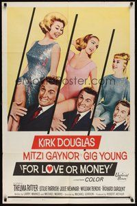 6p360 FOR LOVE OR MONEY 1sh '63 Kirk Douglas carries sexy Mitzi Gaynor, Thelma Ritter!