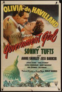 6p402 GOVERNMENT GIRL 1sh '43 art of Olivia de Havilland & Sonny Tufts in Washington D.C.!
