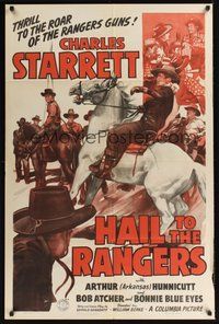 6p420 HAIL TO THE RANGERS 1sh '43 cool art of cowboy Charles Starrett on horseback in crowd!