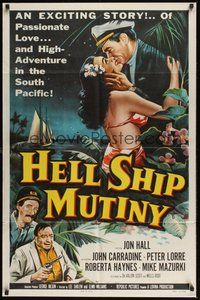 6p440 HELL SHIP MUTINY 1sh '57 Jon Hall kisses tropical bikini babe, John Carradine, Peter Lorre!