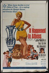 6p489 IT HAPPENED IN ATHENS 1sh '62 super sexy Jayne Mansfield rivals Helen of Troy, Olympics!