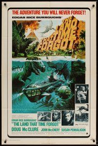 6p523 LAND THAT TIME FORGOT 1sh '75 Edgar Rice Burroughs, Akimoto dinosaur art!