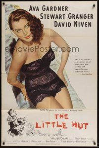 6p542 LITTLE HUT 1sh '57 giant image of barely-dressed tropical Ava Gardner with sexy eyes!