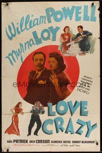 6p555 LOVE CRAZY style D 1sh '41 William Powell, Myrna Loy, great wacky couples art!