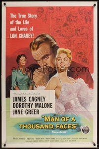 6p570 MAN OF A THOUSAND FACES 1sh '57 art of James Cagney as Lon Chaney Sr. by Reynold Brown!