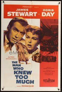 6p573 MAN WHO KNEW TOO MUCH 1sh '56 Alfred Hitchcock, husband & wife Jimmy Stewart & Doris Day!