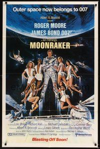 6p604 MOONRAKER int'l advance 1sh '79 art of Roger Moore as James Bond & sexy space babes by Gouzee