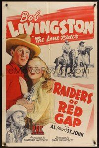6p709 RAIDERS OF RED GAP 1sh '43 stone litho art of Robert Livingston holding Myrna Dell!