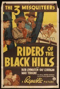 6p734 RIDERS OF THE BLACK HILLS 1sh '38 3 Mesquiteers, Bob Livingston, Crash Corrigan, Terhune!