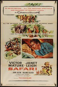 6p756 SAFARI 1sh '56 Victor Mature, Janet Leigh, cool artwork of jungle adventure!