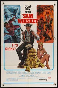 6p757 SAM WHISKEY 1sh '69 art of Burt Reynolds & sexy Angie Dickinson by huge pile of gold!