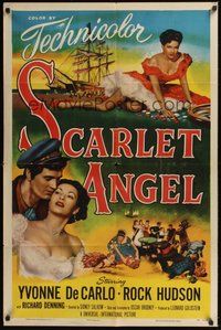 6p766 SCARLET ANGEL 1sh '52 artwork of sailor Rock Hudson & sexy gambling Yvonne DeCarlo!