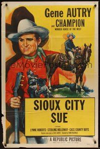 6p791 GENE AUTRY 1sh '53 cool art of Gene Autry with guitar & on Champion, Sioux City Sue!