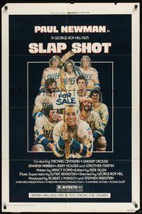 6p796 SLAP SHOT style A 1sh '77 hockey, great art of Paul Newman & cast by Craig!