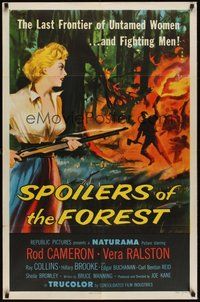 6p815 SPOILERS OF THE FOREST 1sh '57 Vera Ralston in the last frontier of untamed women, cool art!