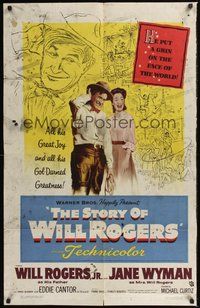 6p837 STORY OF WILL ROGERS 1sh '52 Will Rogers Jr. as his father, Jane Wyman, cool art!