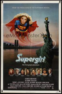 6p853 SUPERGIRL 1sh '84 super Helen Slater in costume flying over Statue of Liberty!