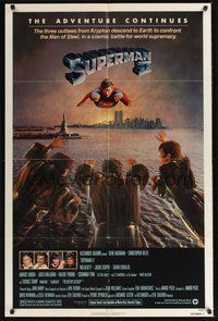 6p855 SUPERMAN II 1sh '81 Christopher Reeve, Terence Stamp, cool flying image over New York City!