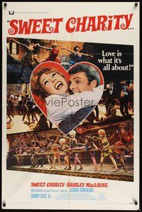 6p859 SWEET CHARITY 1sh '69 Bob Fosse musical starring Shirley MacLaine, it's all about love!