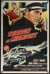 6p875 TERROR AT MIDNIGHT 1sh '56 Scott Brady, Joan Vohs, film noir, cool car crash art!