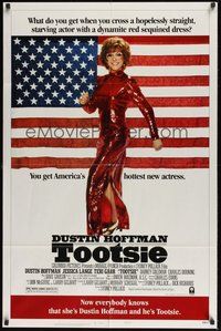 6p909 TOOTSIE style B 1sh '82 full-length Dustin Hoffman as himself and in drag by American flag!