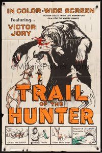 6p915 TRAIL OF THE HUNTER 1sh '63 Victor Jory, wild violent artwork of killer bear!