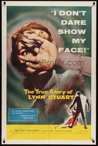 6p920 TRUE STORY OF LYNN STUART 1sh '58 Betsy Palmer doesn't dare show her face, cool art!
