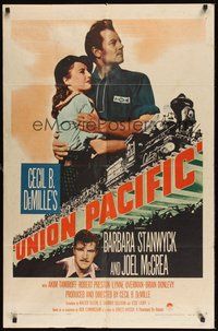 6p937 UNION PACIFIC 1sh R58 Cecil B. DeMille, Barbara Stanwyck, Joel McCrea & cool train art!