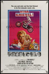 6p954 VIVA KNIEVEL 1sh '77 best artwork of the greatest daredevil jumping his motorcycle!