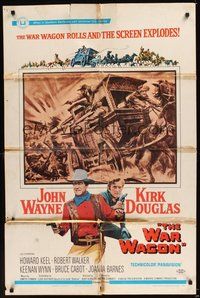 6p961 WAR WAGON 1sh '67 cowboys John Wayne & Kirk Douglas, western armored stagecoach artwork!