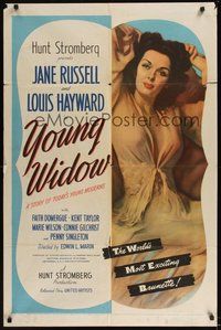 6p995 YOUNG WIDOW 1sh '46 full-length image of world's most exciting sexy brunette Jane Russell!