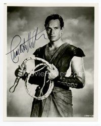 6s272 CHARLTON HESTON signed 8x10 REPRO still '90 great portrait holding whip from Ben-Hur!
