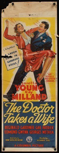 6t166 DOCTOR TAKES A WIFE long Aust daybill '40 artwork of Ray Milland carrying sexy Loretta Young!