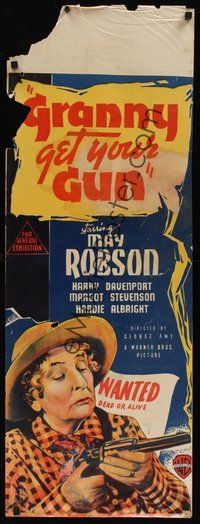 6t168 GRANNY GET YOUR GUN long Aust daybill '40 great wacky stone litho artwork of May Robson!