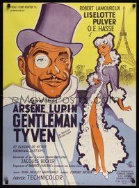 6t461 ADVENTURES OF ARSENE LUPIN Danish '57 cool art of Robert Lamoureux & sexy French babe!
