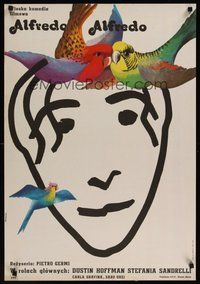 6t346 ALFREDO ALFREDO Polish 23x33 '74 colorful Ruminski artwork of face & birds!