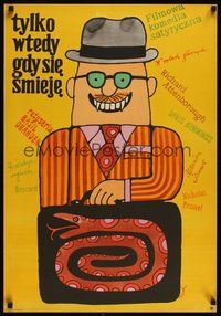 6t402 ONLY WHEN I LARF Polish 23x33 '73 wacky Jerzy Flisak art of man with snake suitcase!