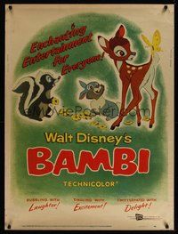 6w099 BAMBI 30x40 R57 Walt Disney cartoon deer classic, great art with Thumper & Flower!