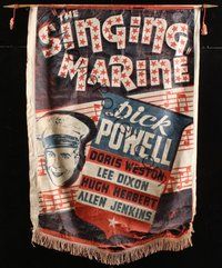 6w003 SINGING MARINE silk cloth banner '37 close up art of singing Dick Powell!